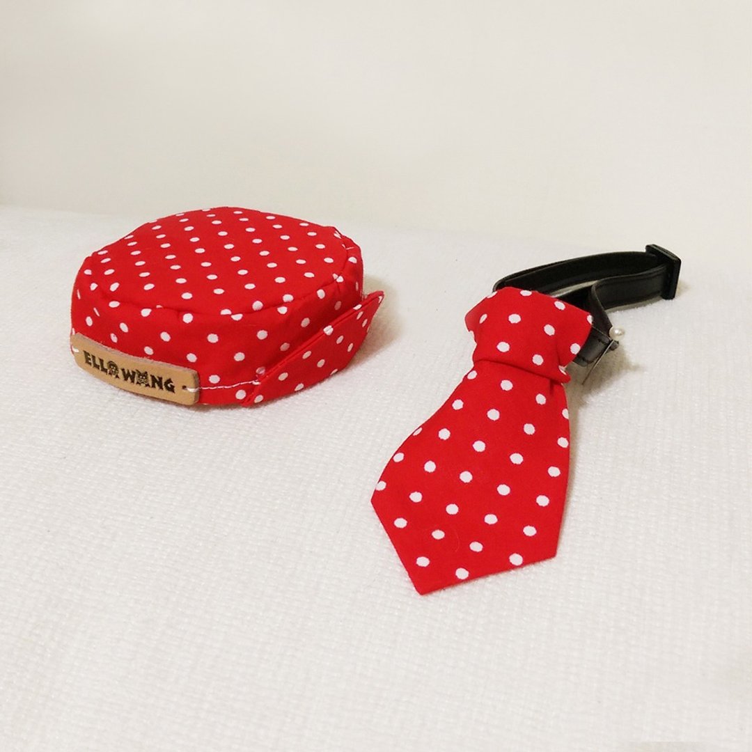 Ella Wang Design Hat 鸭舌帽 + Tie 领带 宠物 红色 水玉点 套组 - 衣/帽 - 棉 红色