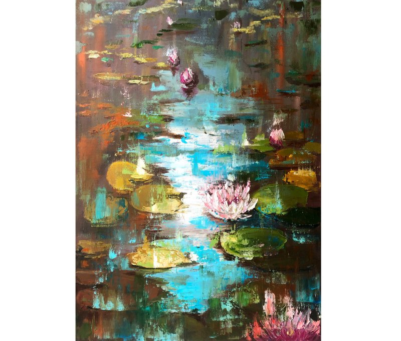 Water lilies original oil painting wall decor 蓮花池 - 海报/装饰画/版画 - 其他材质 多色