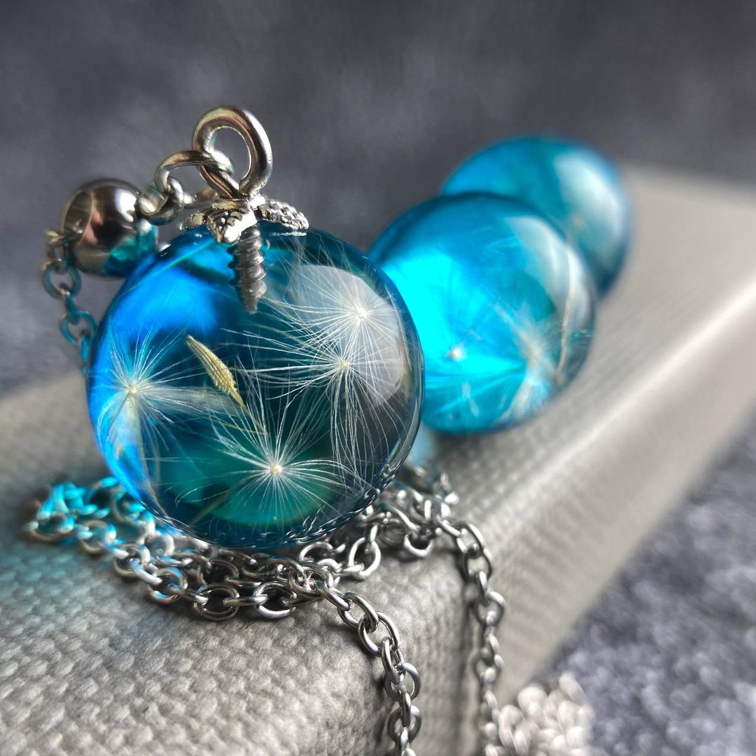 Dandelion jewelry set, dandelion set jewerly, dandelion necklace, dandelion seed - 其他 - 树脂 蓝色