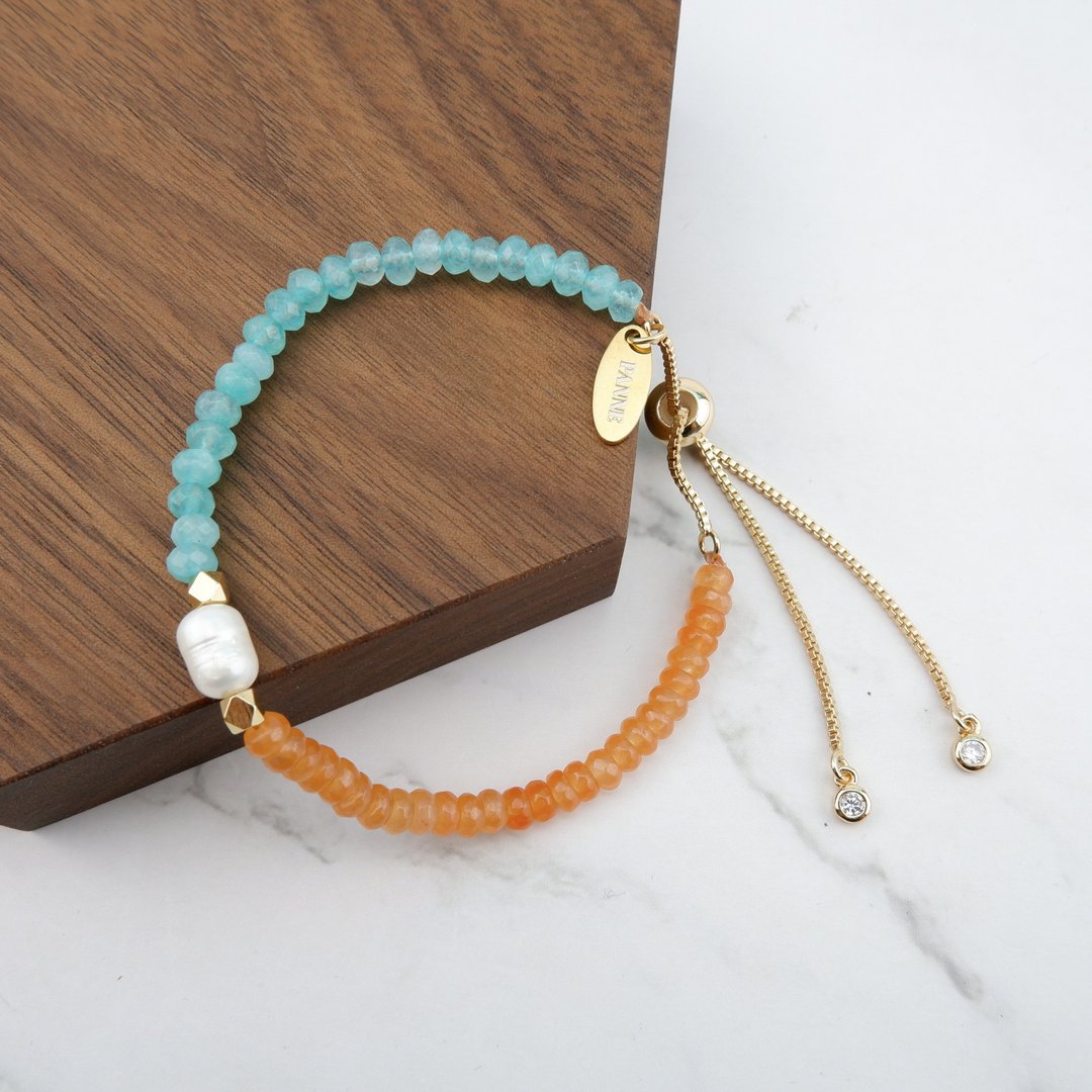 Pumpkin stone and Pearl  Slider Bracelet - 手链/手环 - 石头 多色
