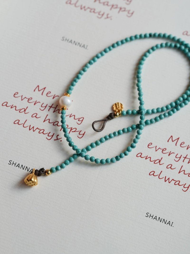 3mm天然铁线绿松石 天然珍珠纯银莲蓬设计多圈手链手串s - 手链/手环 - 植物．花 绿色