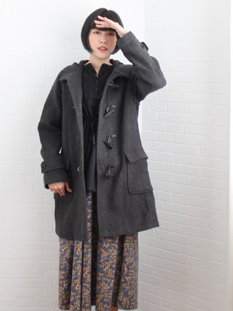 秋冬日系复古学院风格纹内里铁灰色羊毛古着大衣外套 - 女装休闲/机能外套 - 羊毛 灰色