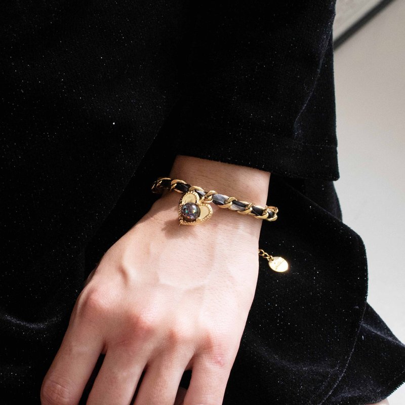 心形缎带链条手链 - 手链/手环 - 玻璃 黑色