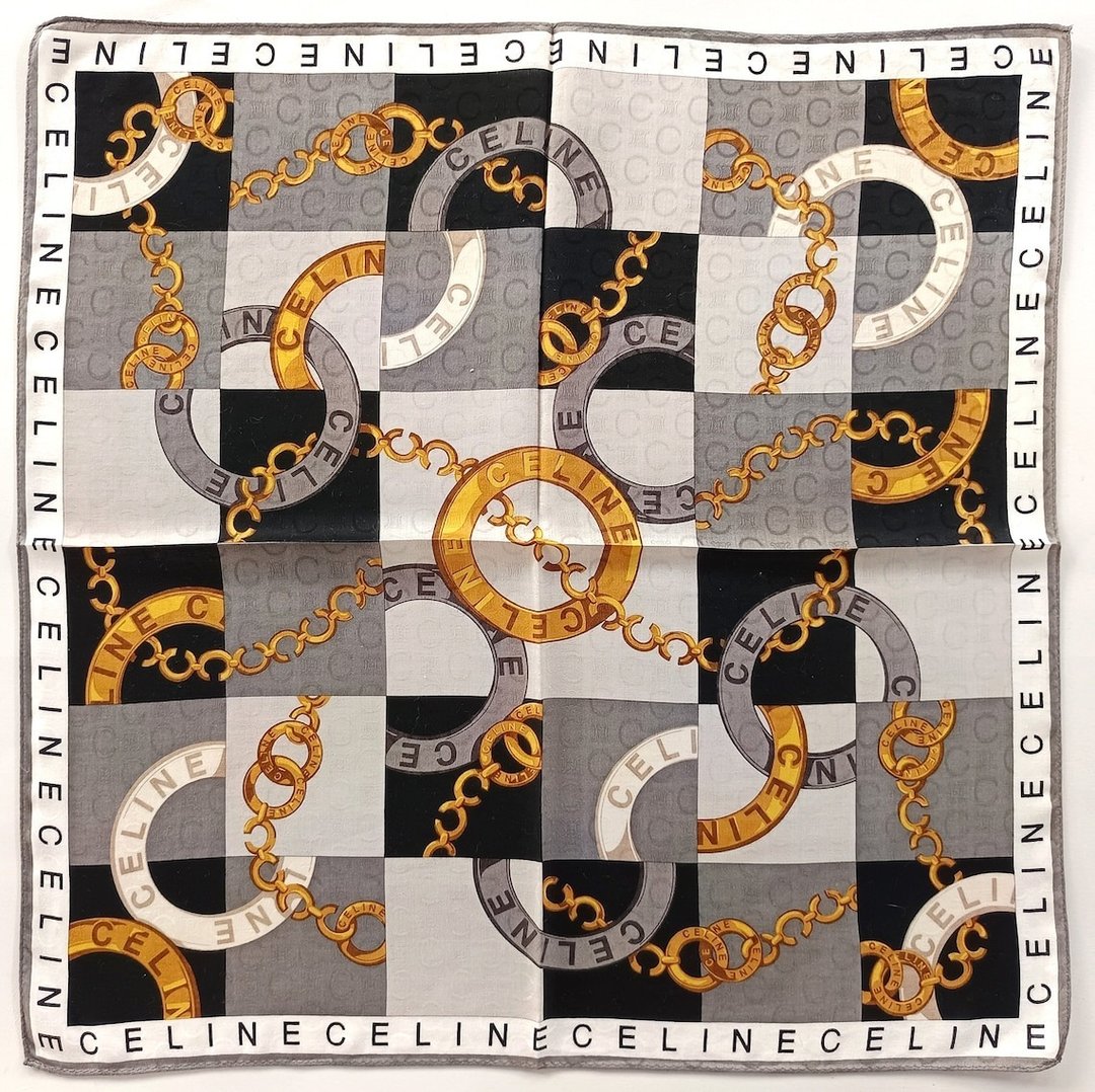 Celine 古着丝巾 织纹缇花 珠宝圆环与锁链图案 23 x 22.5 英寸 - 丝巾 - 棉 灰色