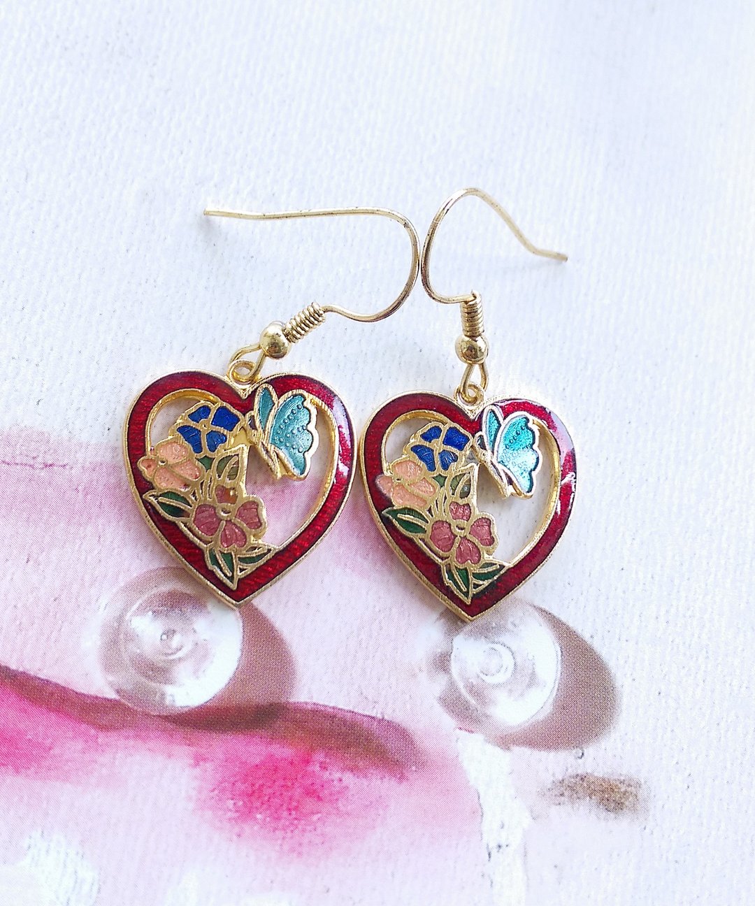 Vintage Jewelry 西洋古董饰品 景泰蓝 爱心 蝶花 针式耳环 - 耳环/耳夹 - 其他金属 金色