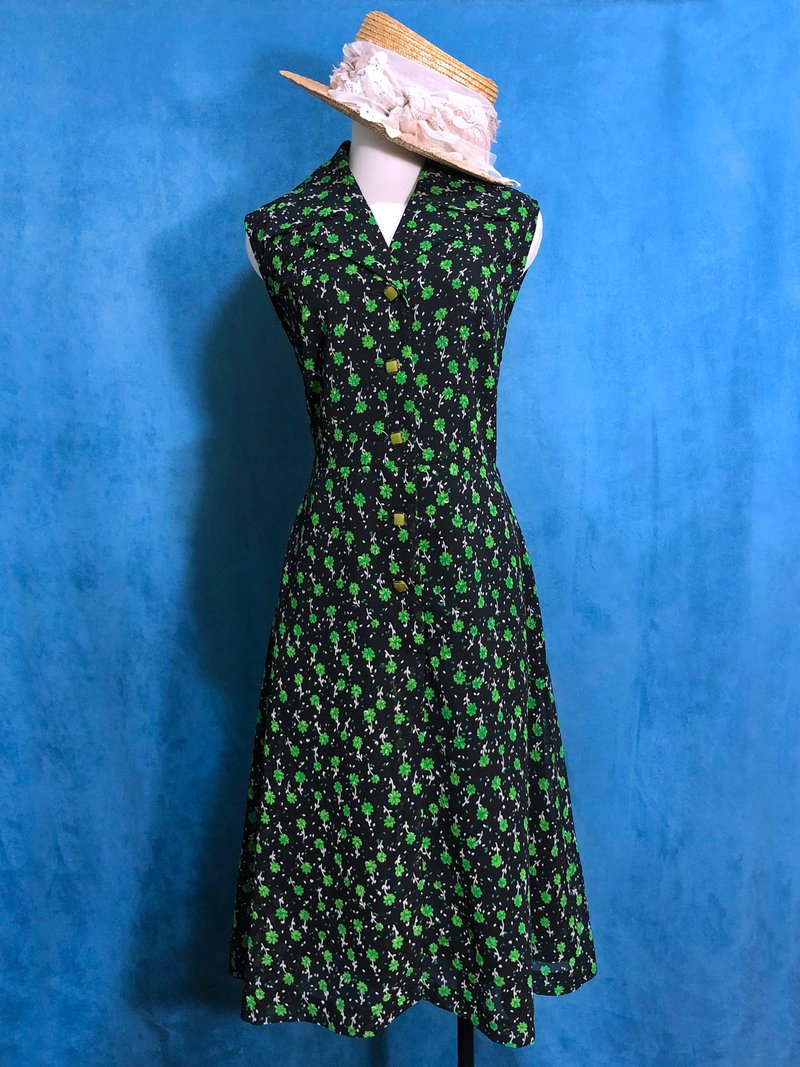 绿色花朵雪纺无袖古着洋装/ 国外带回 VINTAGE - 洋装/连衣裙 - 聚酯纤维 黑色