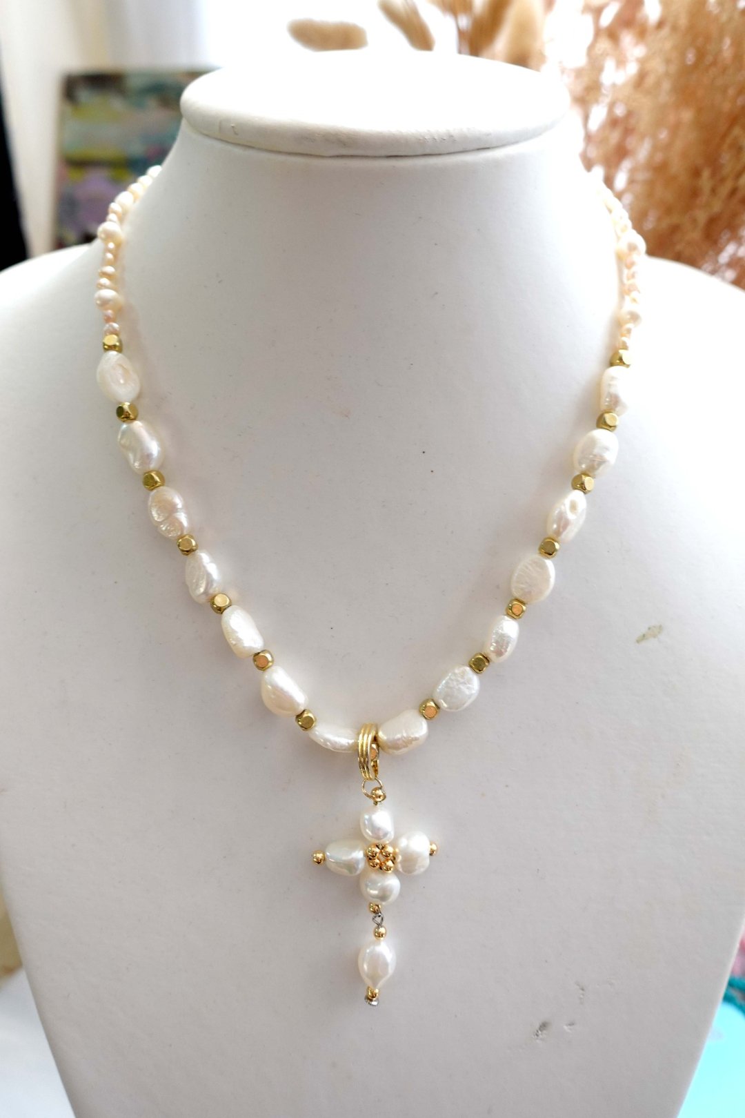 中古珍珠配金色石花花女生颈链项链高级复古时装搭配 - 项链 - 其他金属 白色