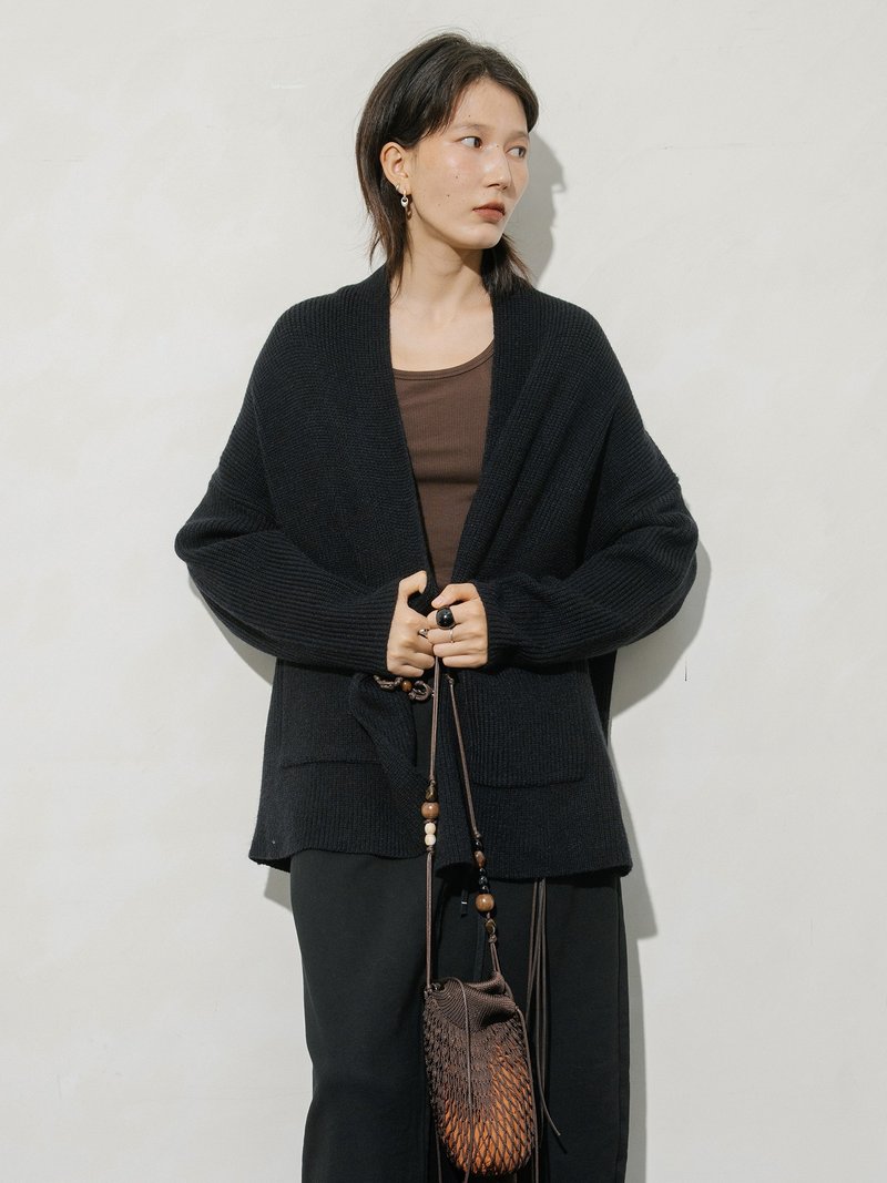 法式复古 / 粗织毛织开衫 / V领毛衣外套 - 女装针织衫/毛衣 - 其他材质 黑色