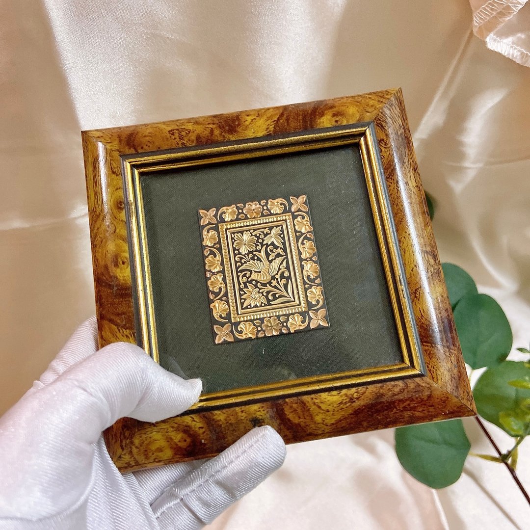 【西洋古董饰品】收藏 西班牙大马士革纯金24K工艺大花藤飞鸟 画 - 画框/相框 - 贵金属 咖啡色