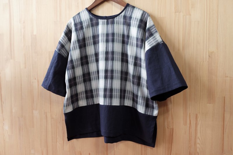 圆领落肩罩衫/ 深蓝拼格纹 - 女装上衣 - 棉．麻 多色