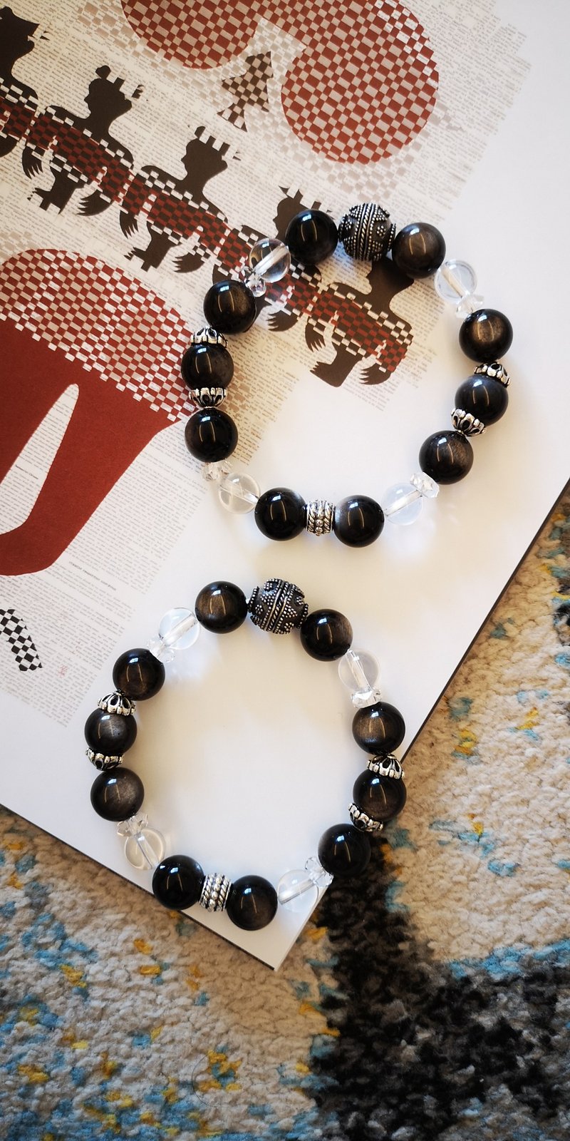 黑曜石三重奏B-半半曲-BD-808-776~猫眼黑曜石.白水晶 - 手链/手环 - 半宝石 