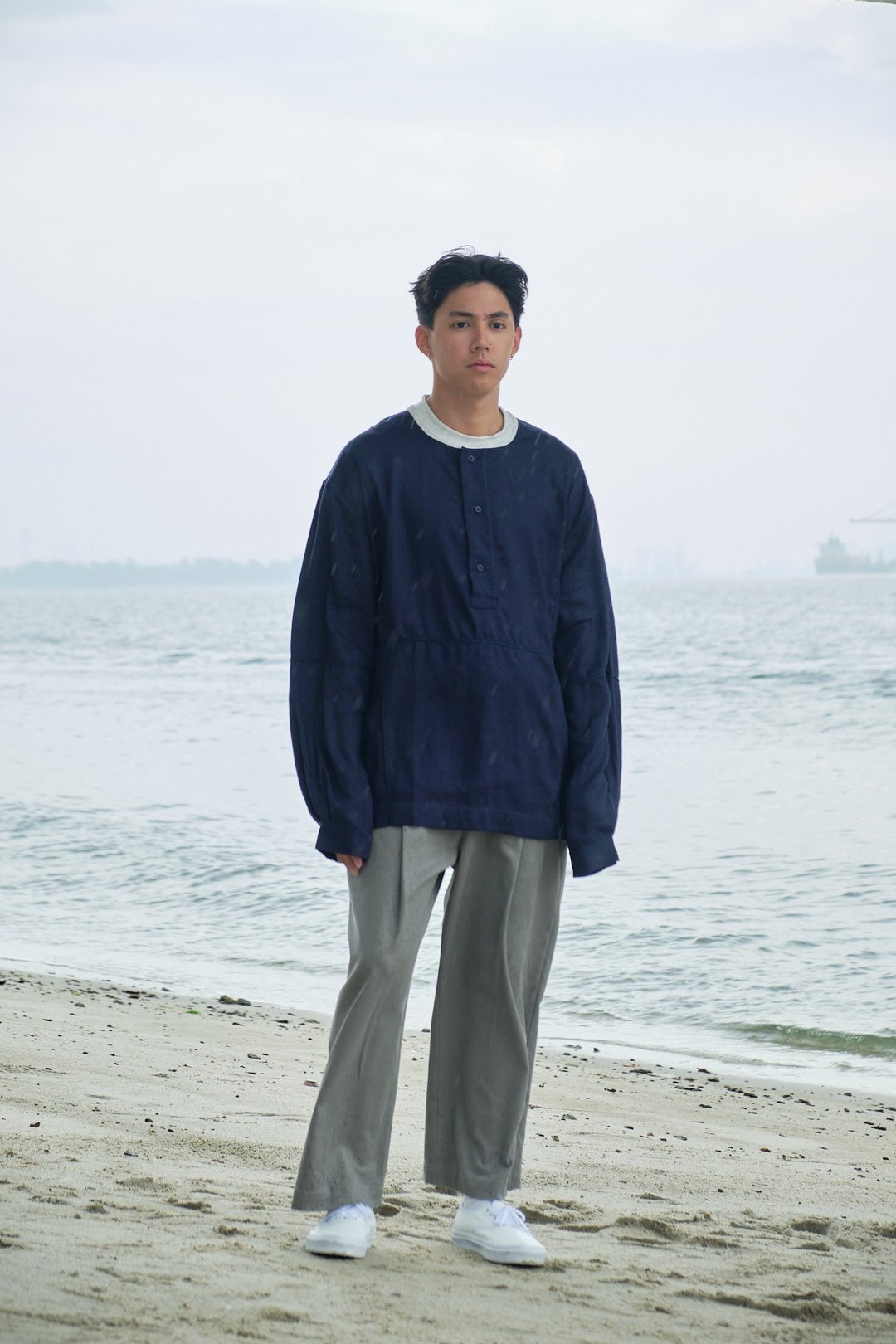 Oversized Linen Grid Shirt - 海军蓝 - 男装衬衫 - 棉 蓝色