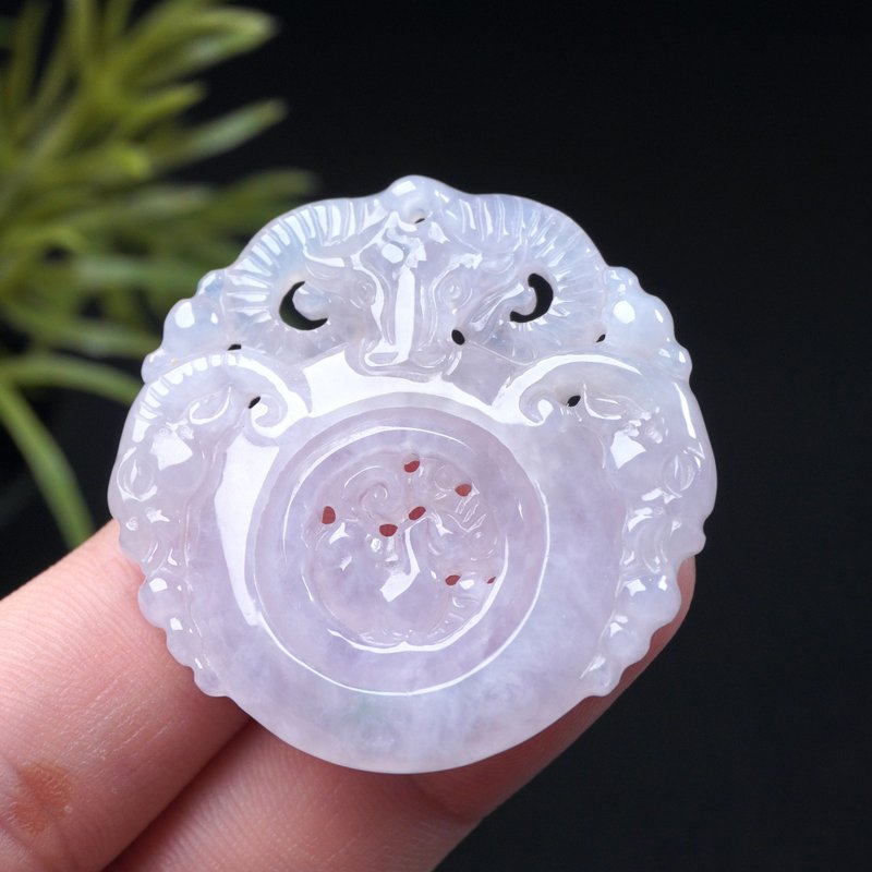 冰种翡翠三羊开泰时来运转项链 | 天然缅甸玉A货翡翠 | 送礼 - 吊饰 - 玉石 紫色