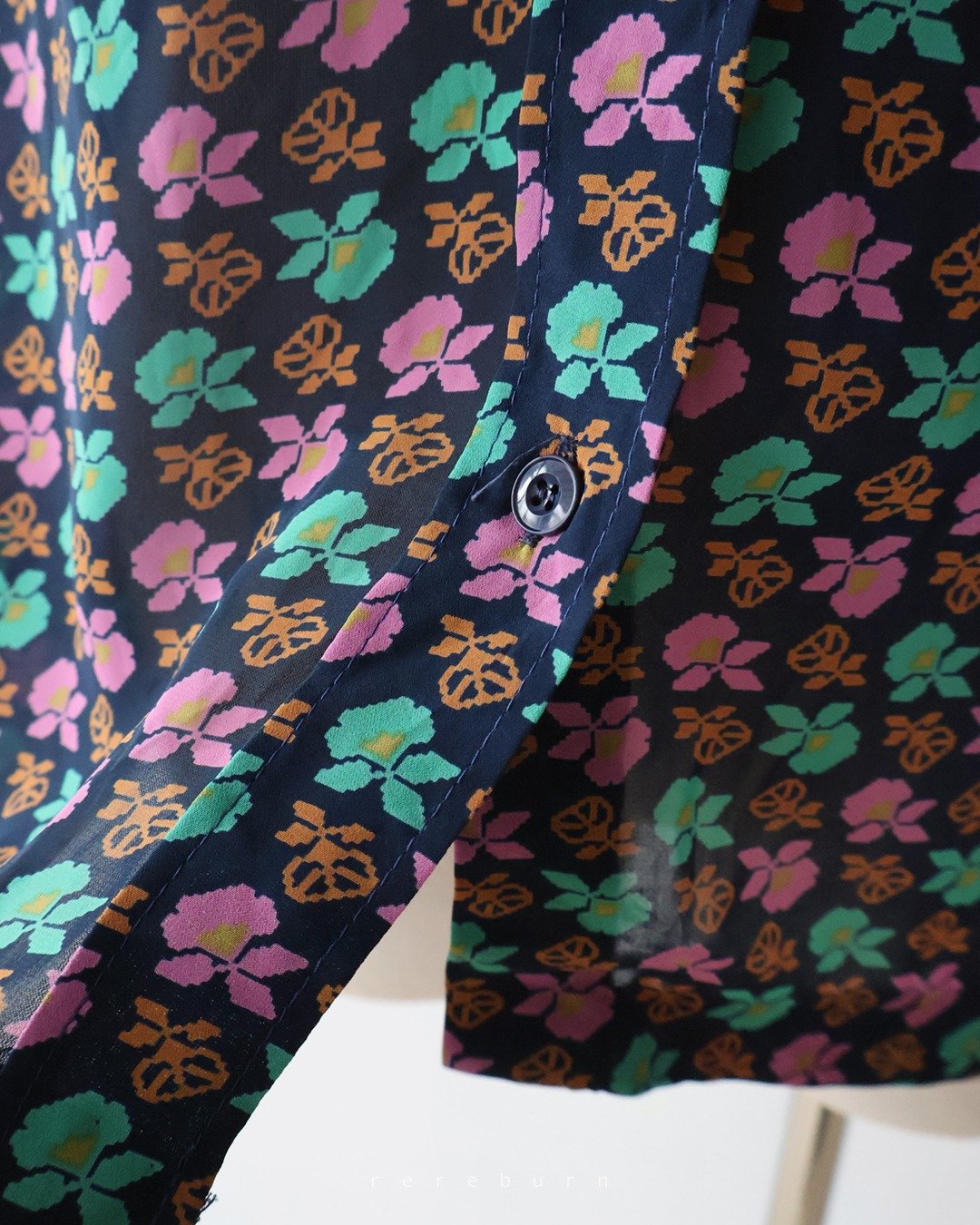 日本制复古几何印花长袖深蓝色古着衬衫 - 女装衬衫 - 聚酯纤维 蓝色