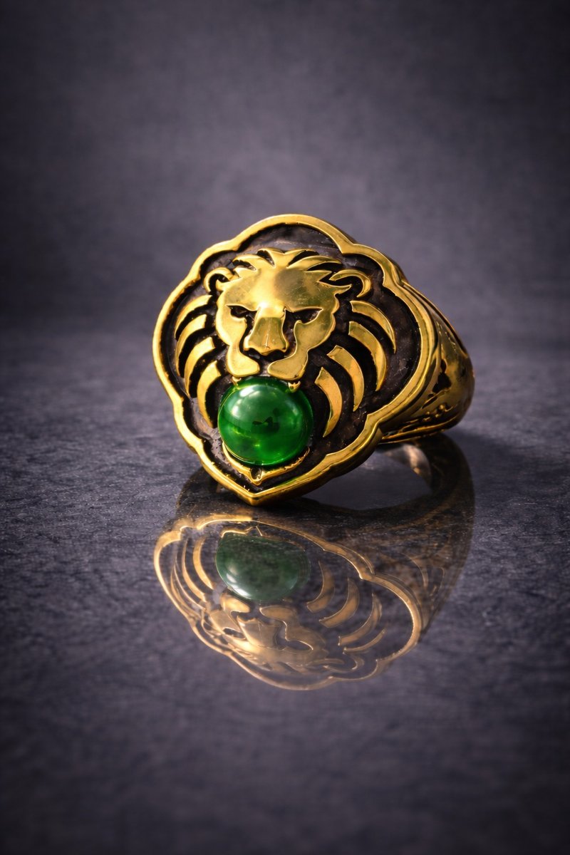 狮王含玉戒 天然碧玉 A 货 6mm 珠 925 纯银 - 戒指 - 玉石 绿色