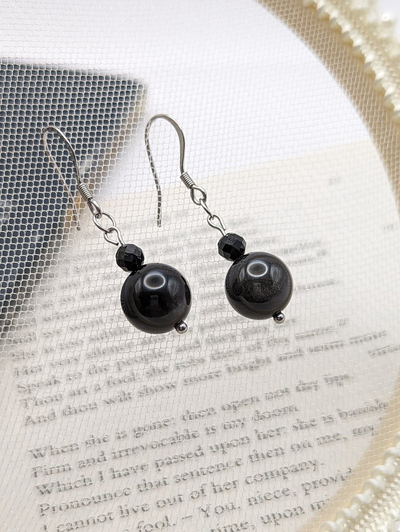 天然水晶 黑曜石+银曜石不锈钢耳环 - 耳环/耳夹 - 水晶 