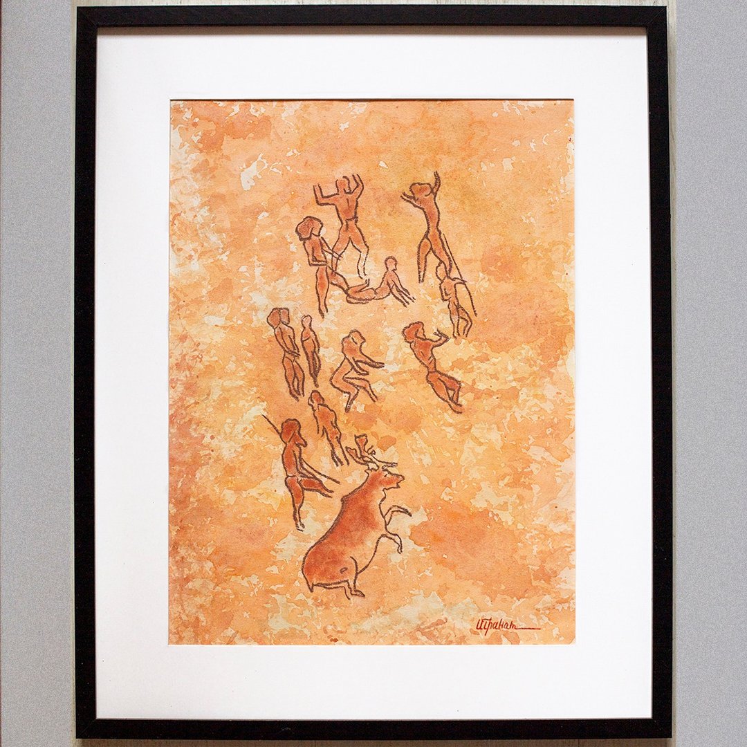 鹿狩猎绘画内部史前艺术水彩画结束粉彩画 - 海报/装饰画/版画 - 纸 橘色
