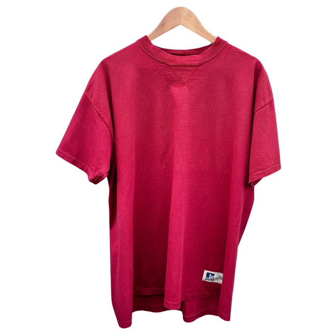 90年代复古 Russell Athletic V 领 Pro Cotton 深红色 T 恤 - 男装上衣/T 恤 - 棉 红色