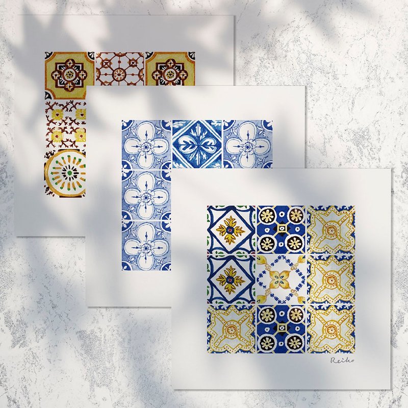 方形葡萄牙花砖系列 - 彩色、蓝色、棕色 | 明信片组(三入一组) - 卡片/明信片 - 纸 