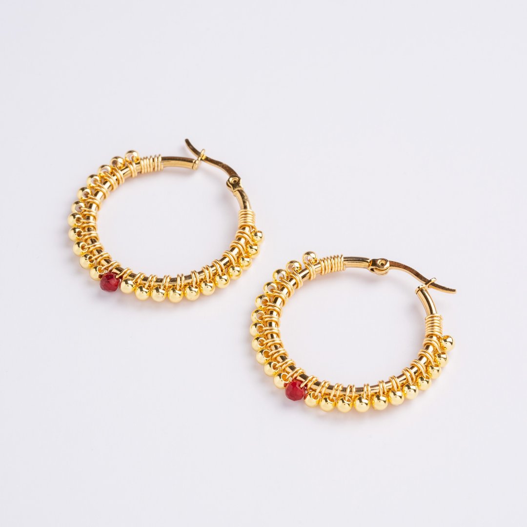 Large Zuri Earrings in Red Coral (18K Gold Plated Red Coral Hoops) - 耳环/耳夹 - 不锈钢 金色