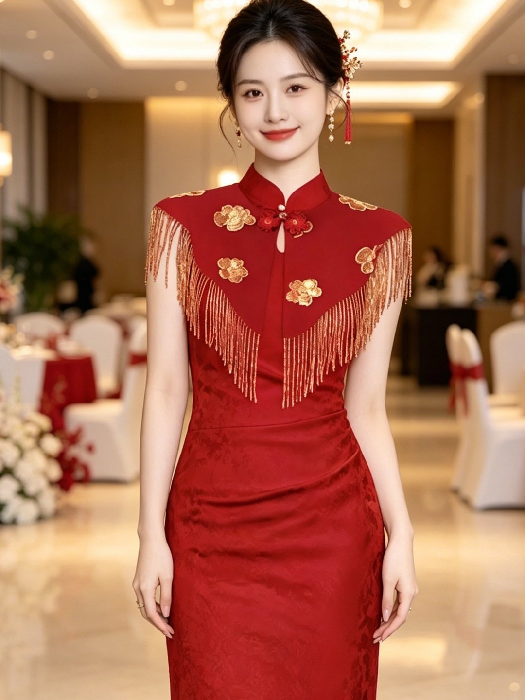 新中式紅色流蘇旗袍 金片花飾新娘敬酒服 結婚訂婚出閣宴禮服洋裝 - 旗袍 - 聚酯纤维 红色