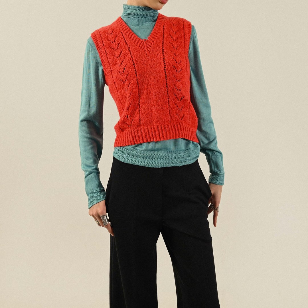 【NaSuBi Vintage】俐落轮廓针织古着长裤 - 女装针织衫/毛衣 - 其他人造纤维 红色