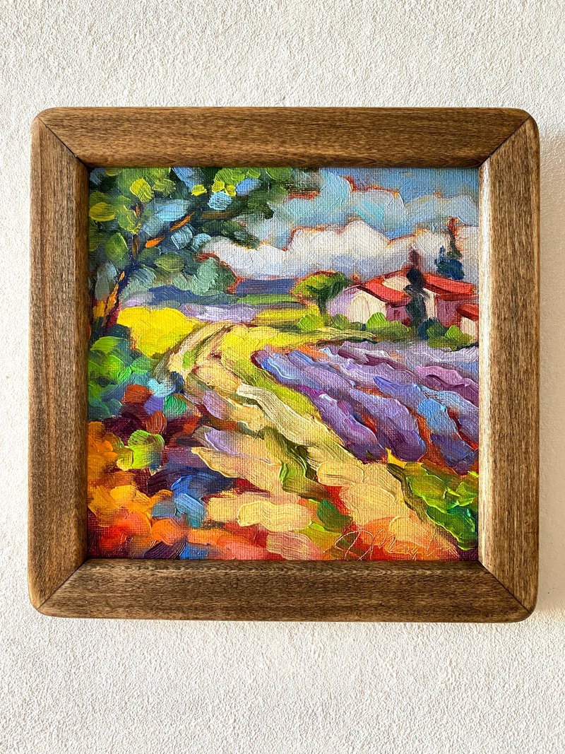 薰衣草田绘画托斯卡纳原创艺术风景油画厚涂小幅艺术品 8x8 托斯 - 墙贴/壁贴 - 木头 