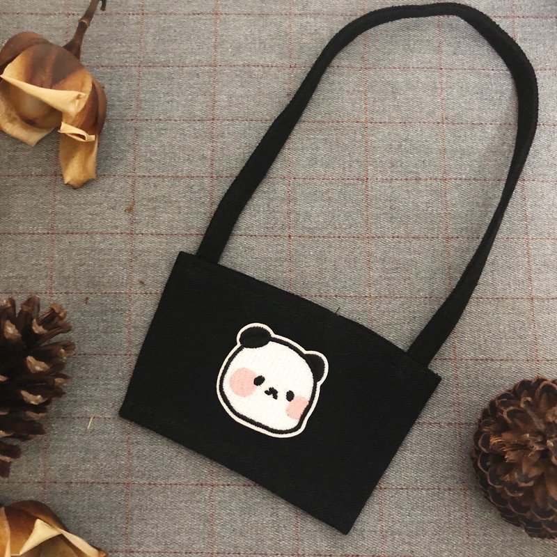 灰尘杯套 - | 熊猫杯套 | 熊猫 杯套 杯袋 饮料杯套 饮料杯提袋 - 随行杯提袋/水壶袋 - 棉．麻 黑色