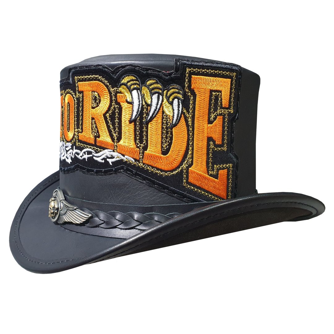 “Live To Ride”骑士风男士黑皮革顶级绅士帽 - 帽子 - 真皮 黑色