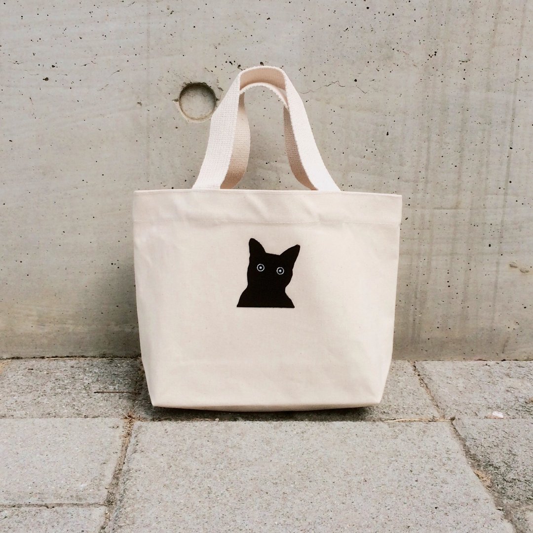 贴布小黑猫 帆布手提袋 - 手提包/手提袋 - 棉 白色