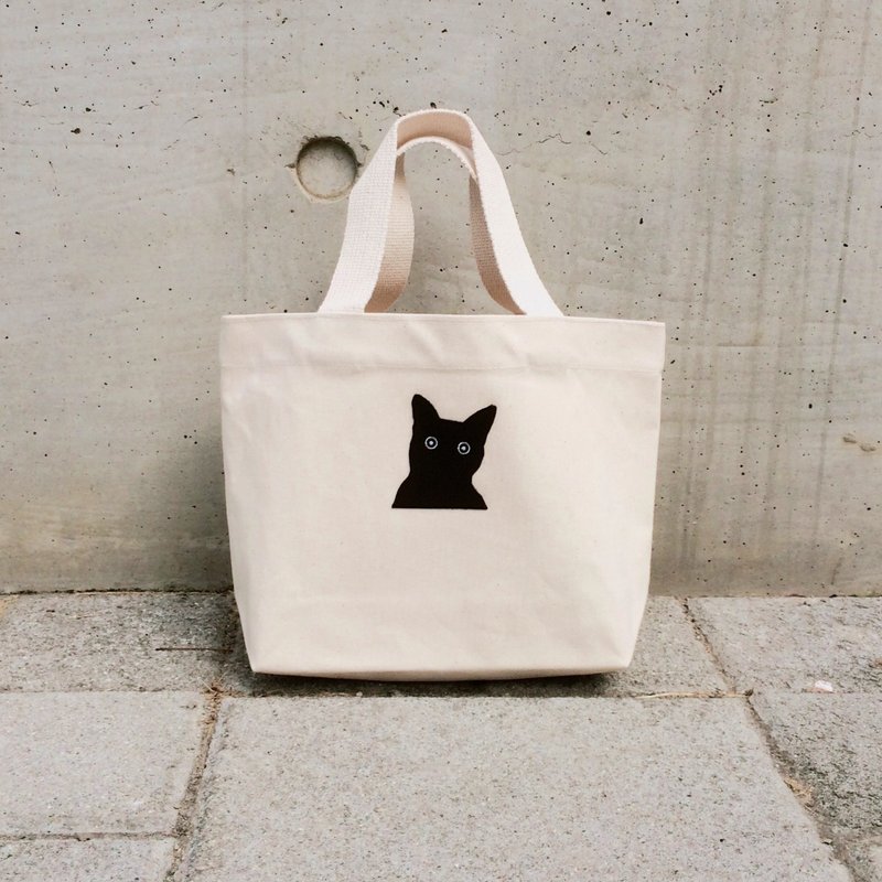 贴布小黑猫 帆布手提袋 - 手提包/手提袋 - 棉．麻 白色