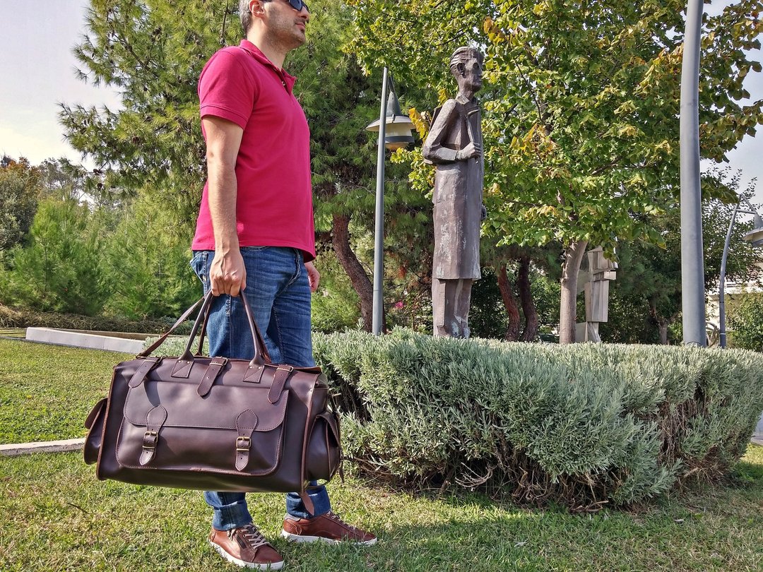 Handmade Genuine Leather Travel Bag, Leather Carryall Bag, Weekender Bag. - 行李箱/行李箱保护套 - 真皮 咖啡色