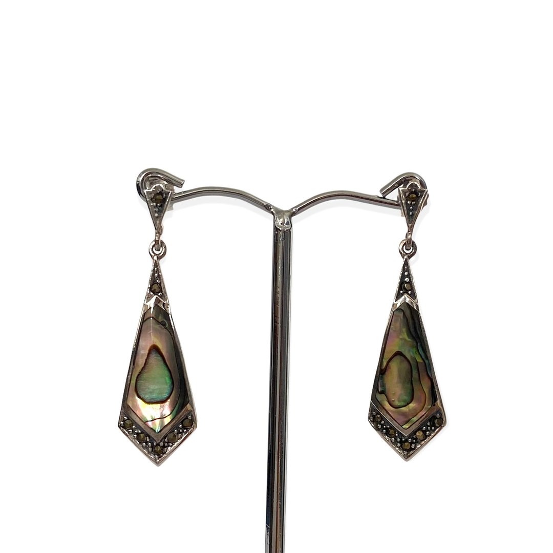 Art Deco Style Triangle Drop Earrings / Set Puau Shell&Stone 925 Sterling Silver - 耳环/耳夹 - 纯银 多色