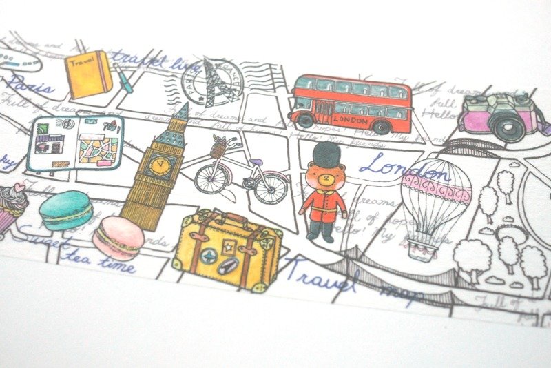 欧洲旅行(水性色铅笔插画)自体对花纸胶带- 2cm x 10M(50cm循环图) - 纸胶带 - 纸 多色