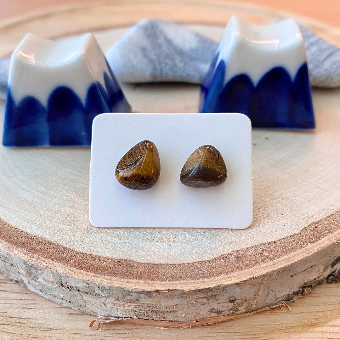 石光-天然矿石耳环-虎眼石10 - 耳环/耳夹 - 半宝石 咖啡色