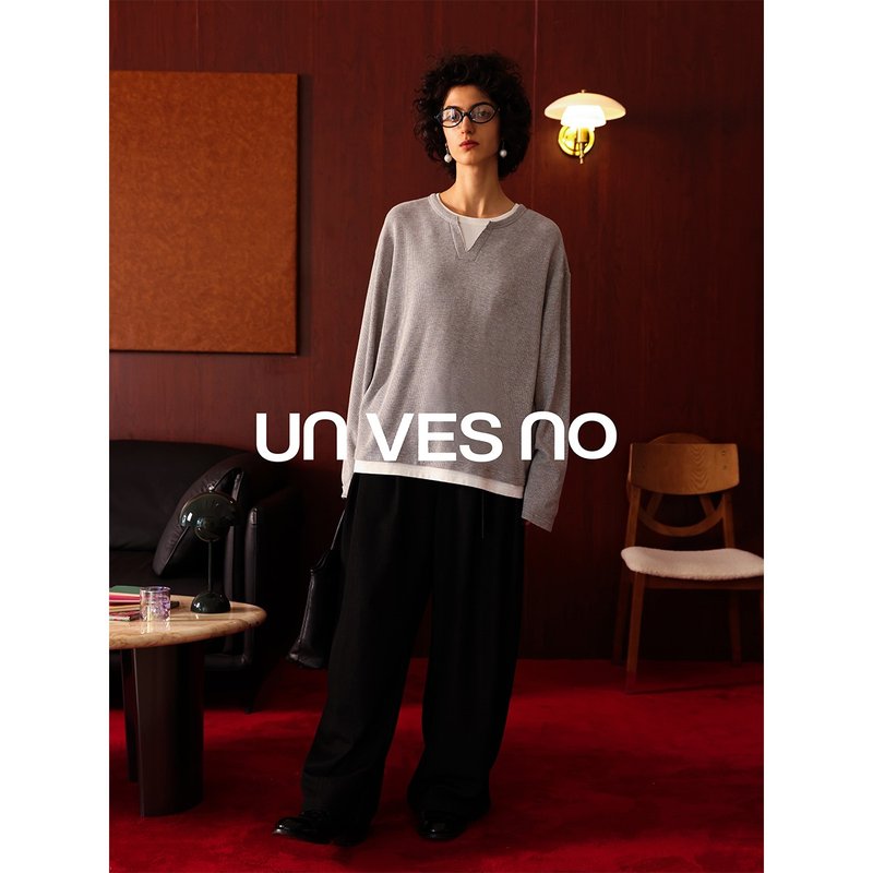 【假两件设计】Unvesno(UN) 知识分子华夫格层次撞色套头长袖T恤 - 男装上衣/T 恤 - 其他材质 