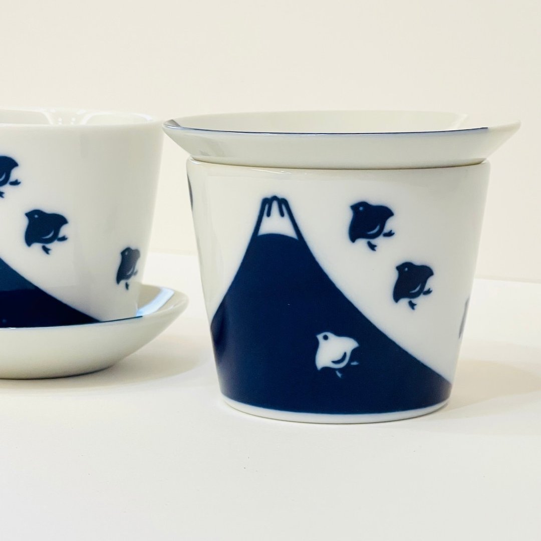 美浓烧-千鸟富士山染付猪口杯+小皿 - 其他杯子 - 瓷 蓝色