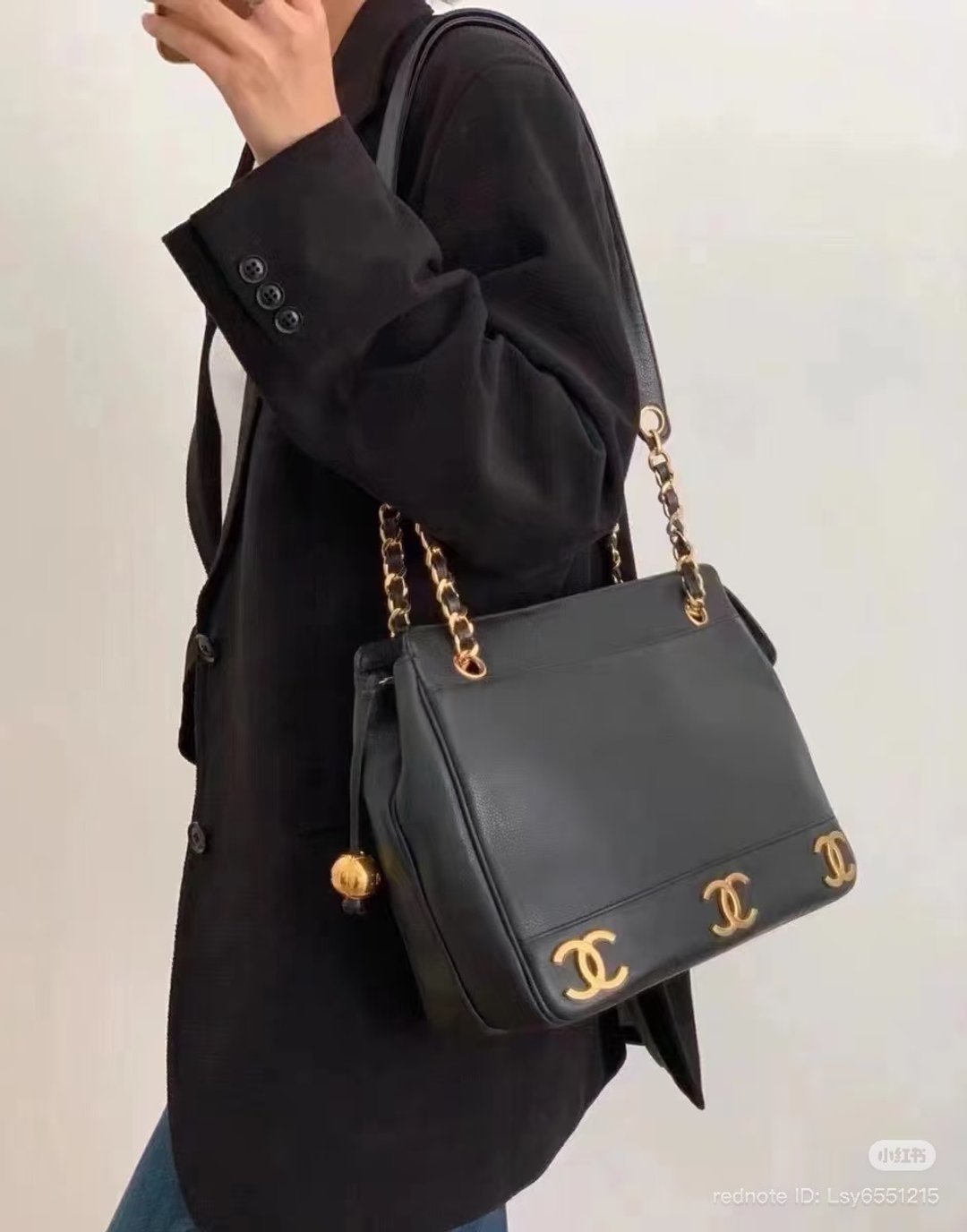 Chanel Vintage triple CC 金球黑色鱼子酱肩背包超稀有格雷女同款 - 手提包/手提袋 - 真皮 黑色