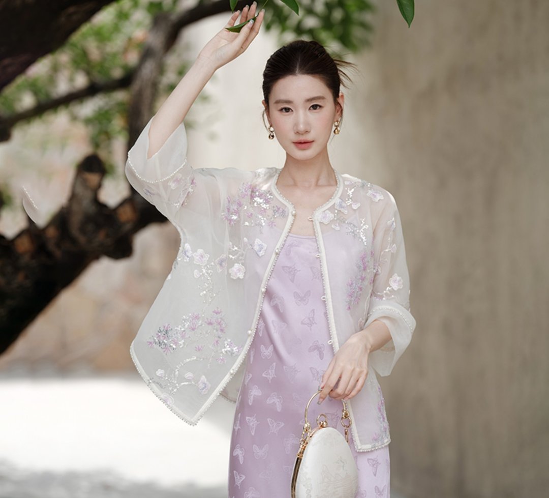 【花卉刺绣】新中式复古中国风 朦胧感高雅上衣/吊帶裙 - 洋装/连衣裙 - 聚酯纤维 紫色