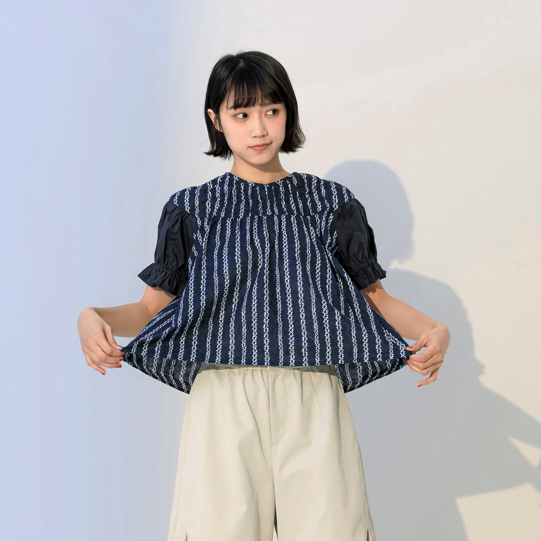 拼接泡泡袖印花上衣 - 女装上衣 - 棉 蓝色