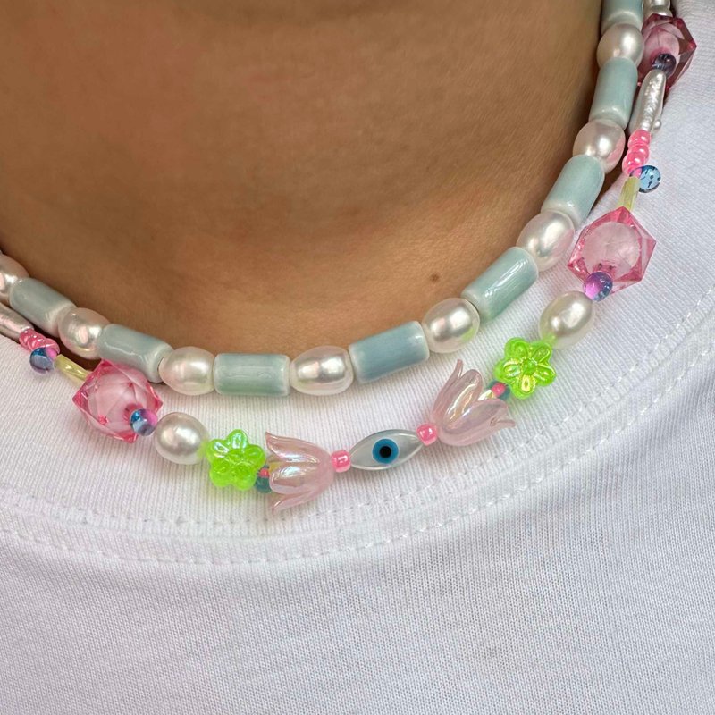 【热卖】邪眼粉红花贝母颈链| 欧美风街头混搭Y2K - 颈链 - 珍珠 