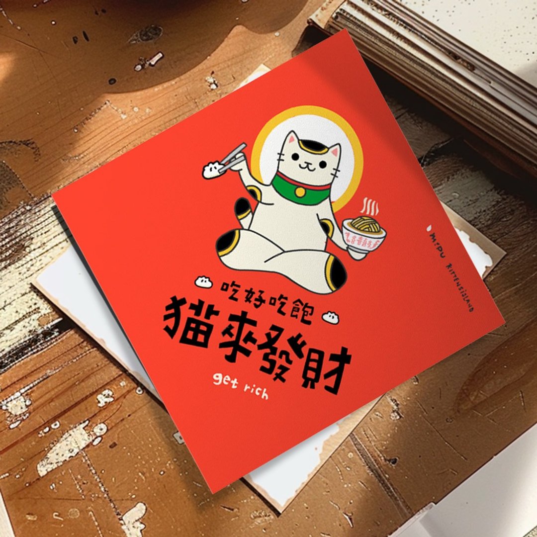 创意斗方/吃好吃饱猫来发财/原创设计/挥春/猫咪 - 红包/春联 - 纸 
