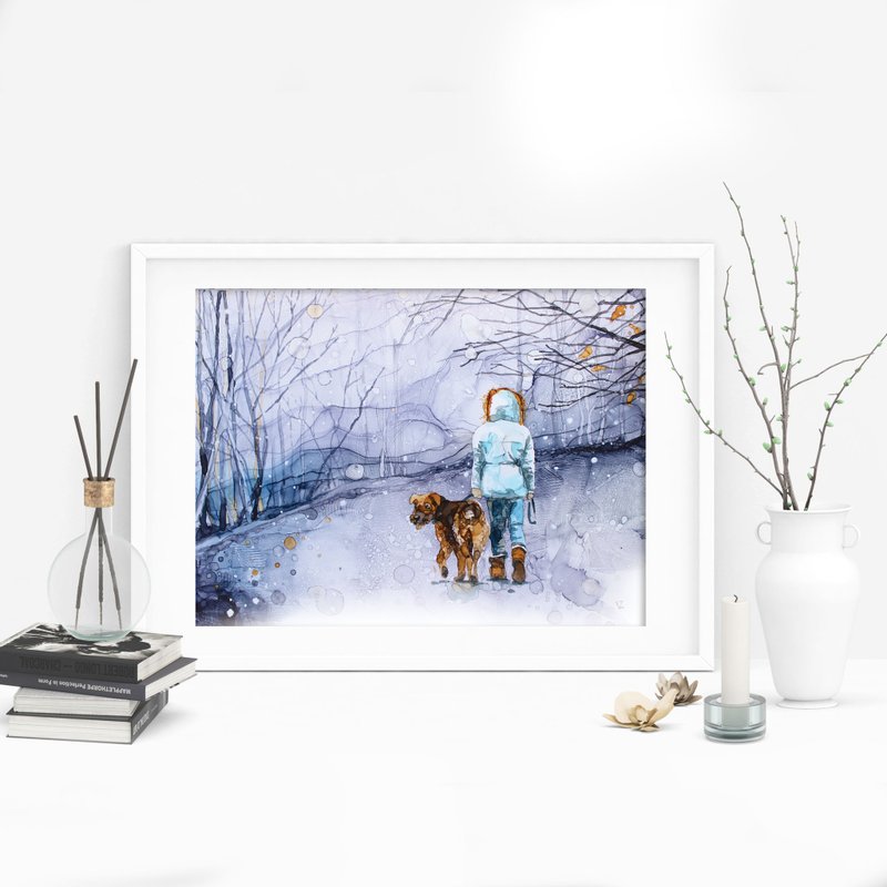 抽象的图片一个带着狗的女孩 带着宠物散步 - 墙贴/壁贴 - 其他材质 蓝色