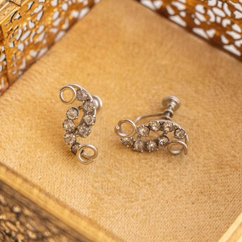 美国古董 卷线造型老莱茵石 银色耳栓 - 耳环/耳夹 - 其他金属 银色