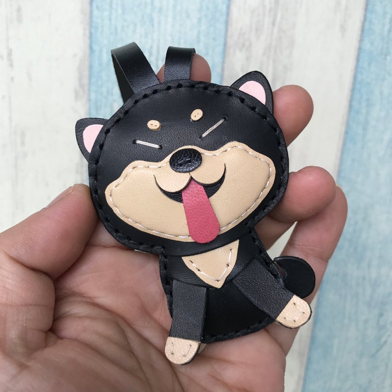 疗愈小物 黑/米色 可爱 柴犬 纯手工缝制 皮革 吊饰 小尺寸 - 吊饰 - 真皮 黑色