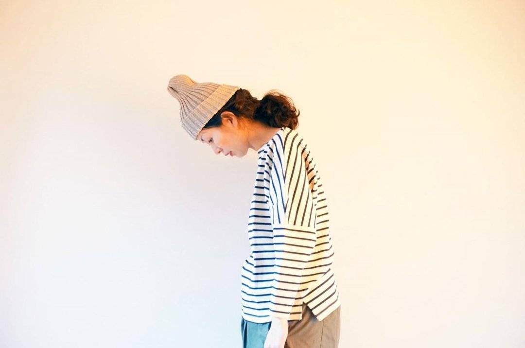 Cotton Border drop shoulder cut-sew ladies BEIGE × NAVY - 女装上衣 - 棉 白色