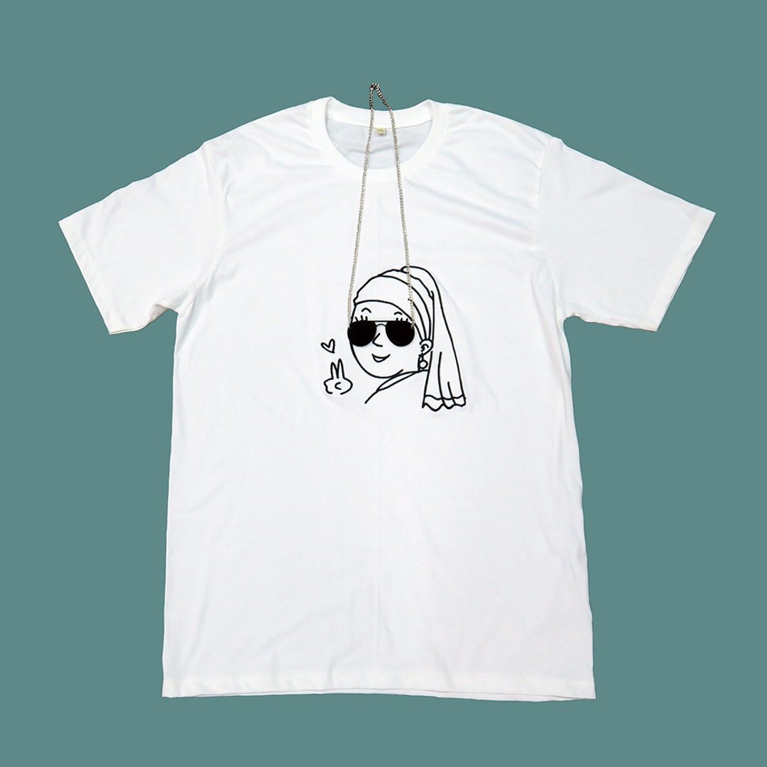 DECO T-shirt - Girl with Pearl Earrings - 中性连帽卫衣/T 恤 - 棉 白色