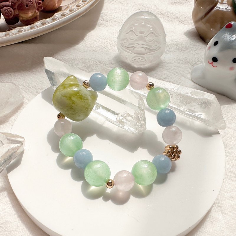 猫咪的白日梦花园 小朋友手链 幼童手链 岫玉 粉晶 天使石 透石膏 - 手链/手环 - 半宝石 绿色