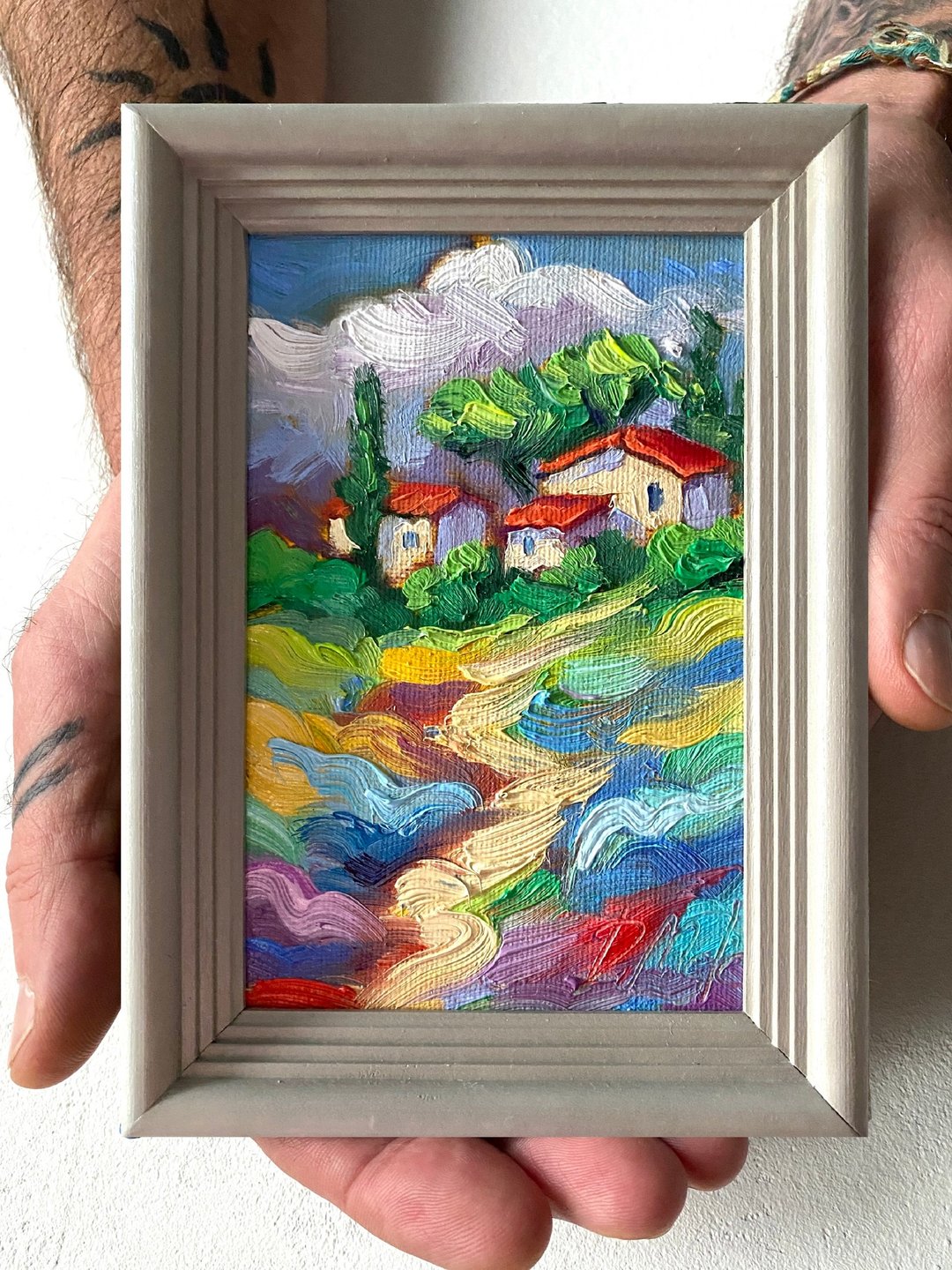 薰衣草田绘画托斯卡纳原创艺术风景油画厚涂小幅艺术品 4x6 托斯 - 墙贴/壁贴 - 木头 