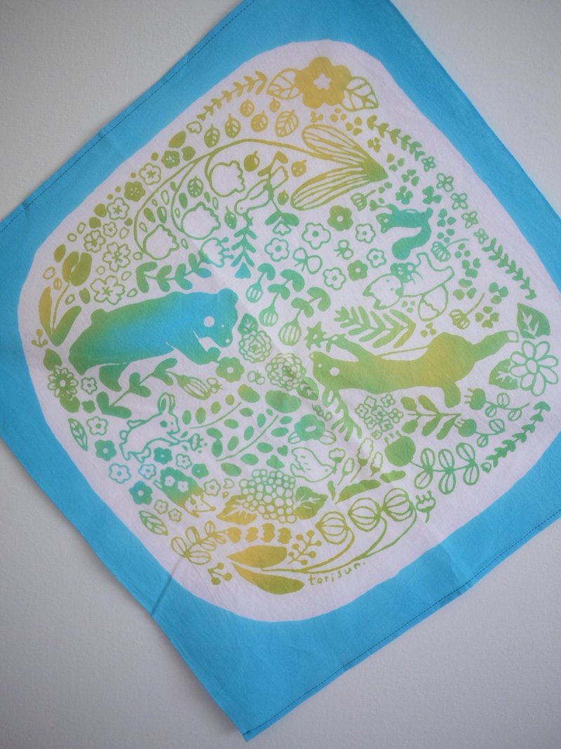 【使用知多木绵】花与动物手帕〜晕染蓝〜 - 手帕/方巾 - 棉．麻 多色